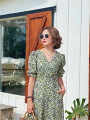 Đầm cổ tim nút bọc họa tiết Linen hàn Cói Design