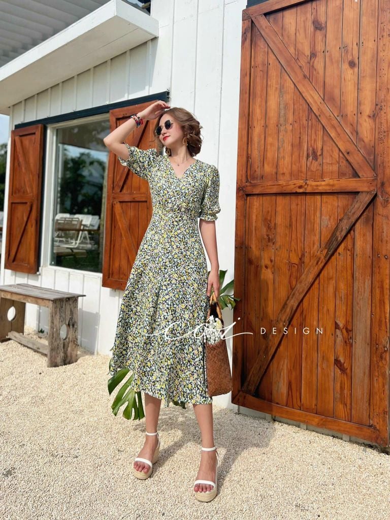 Đầm cổ tim nút bọc họa tiết Linen hàn Cói Design