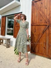 Đầm cổ tim nút bọc họa tiết Linen hàn Cói Design