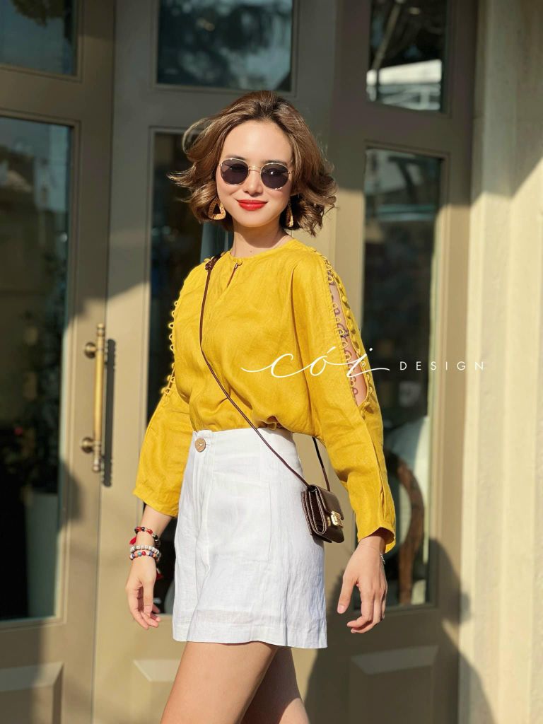 Áo nút bọc xẻ vai linen tưng premium Cói Design