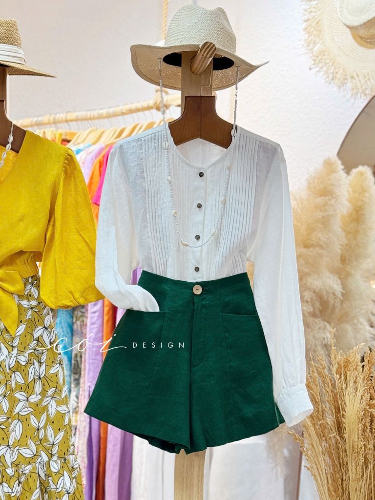 Áo cổ tròn tay dài xếp ly linen tưng premium Cói Design