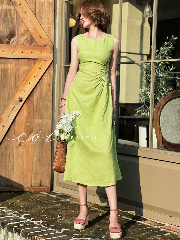 Đầm linen rút túi sát nách Cói Design