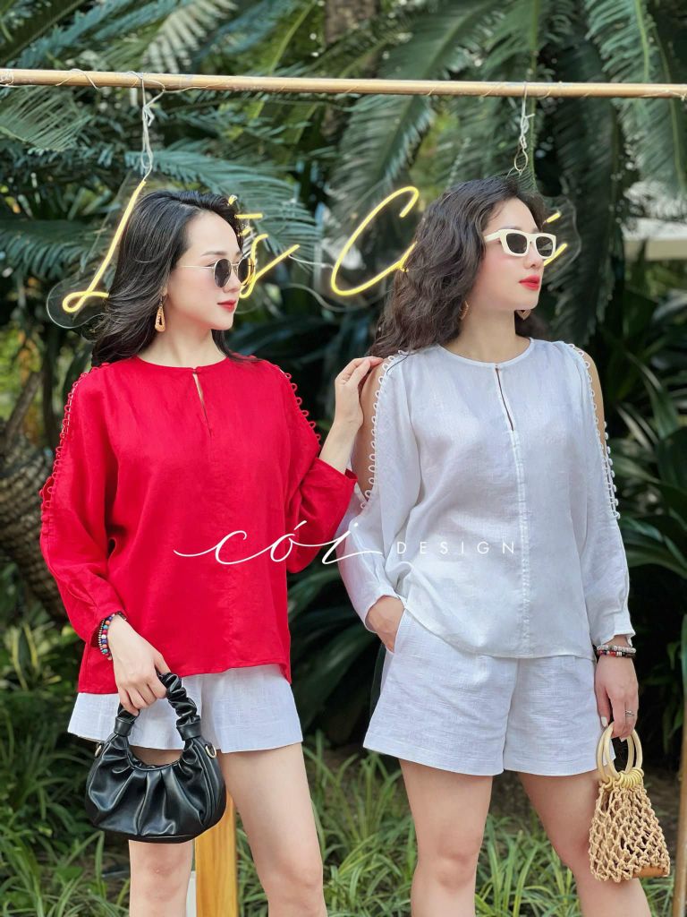Áo nút bọc xẻ vai linen tưng premium Cói Design