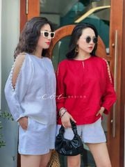 Áo nút bọc xẻ vai linen tưng premium Cói Design