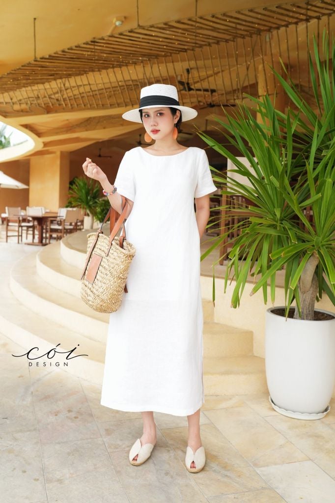 Đầm suông cổ tròn đan dây lưng Linen tưng premium Cói Design