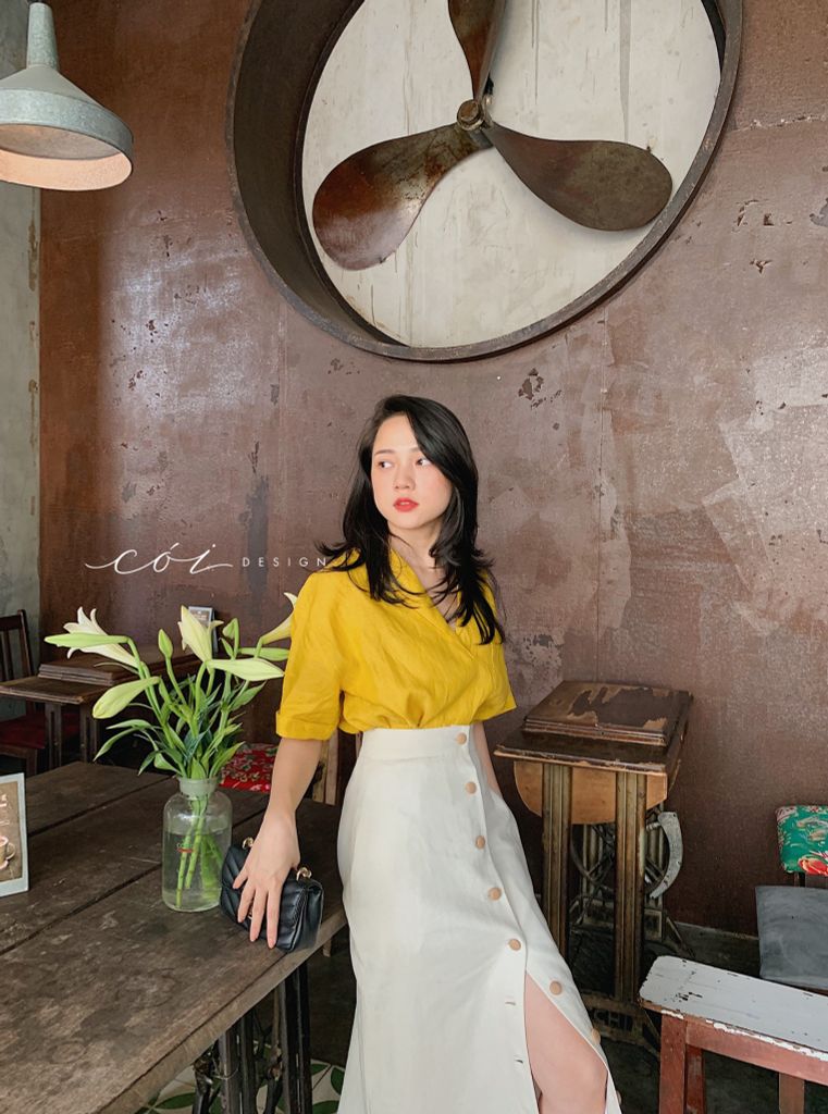 Chân váy nút bọc linen Cói Design