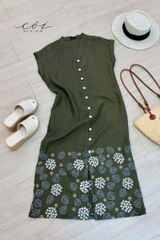 Đầm cổ trụ thêu hoa linen tưng premium Cói Design