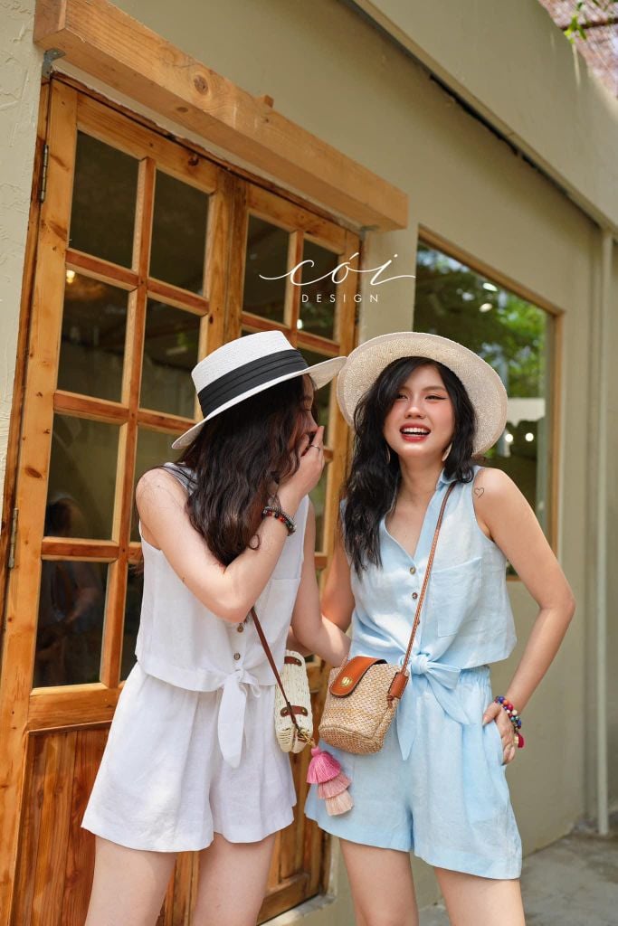Áo sát nách cổ sơ mi phối dây Linen tưng premium Cói Design