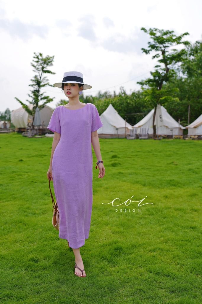 Đầm suông cổ tròn đan dây lưng Linen tưng premium Cói Design