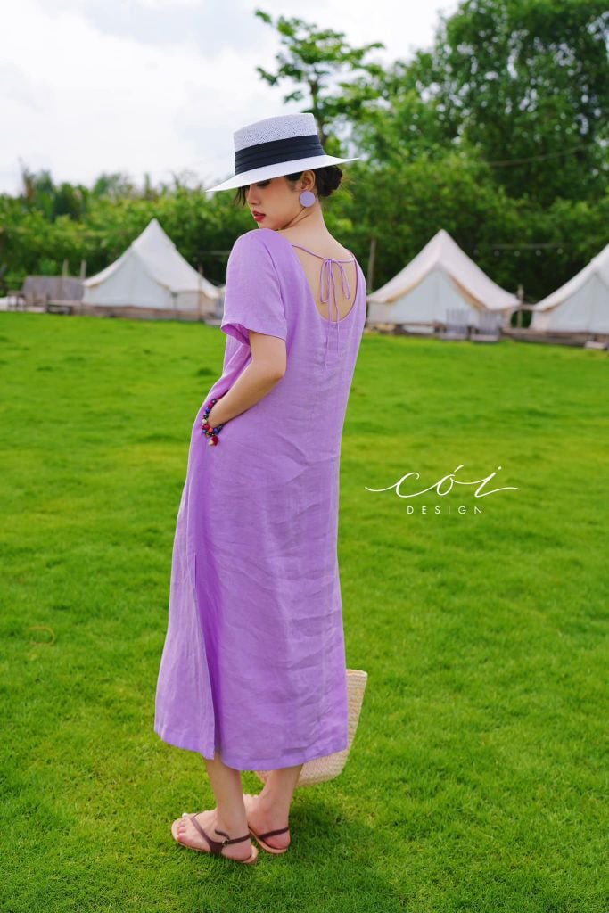 Đầm suông cổ tròn đan dây lưng Linen tưng premium Cói Design