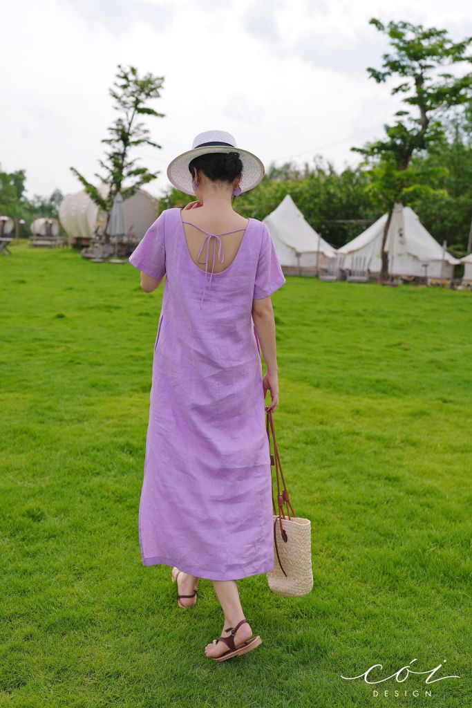 Đầm suông cổ tròn đan dây lưng Linen tưng premium Cói Design