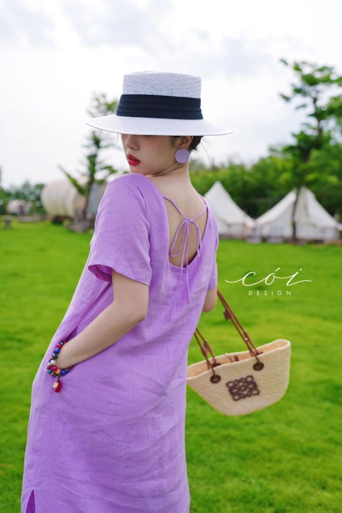 Đầm suông cổ tròn đan dây lưng Linen tưng premium Cói Design