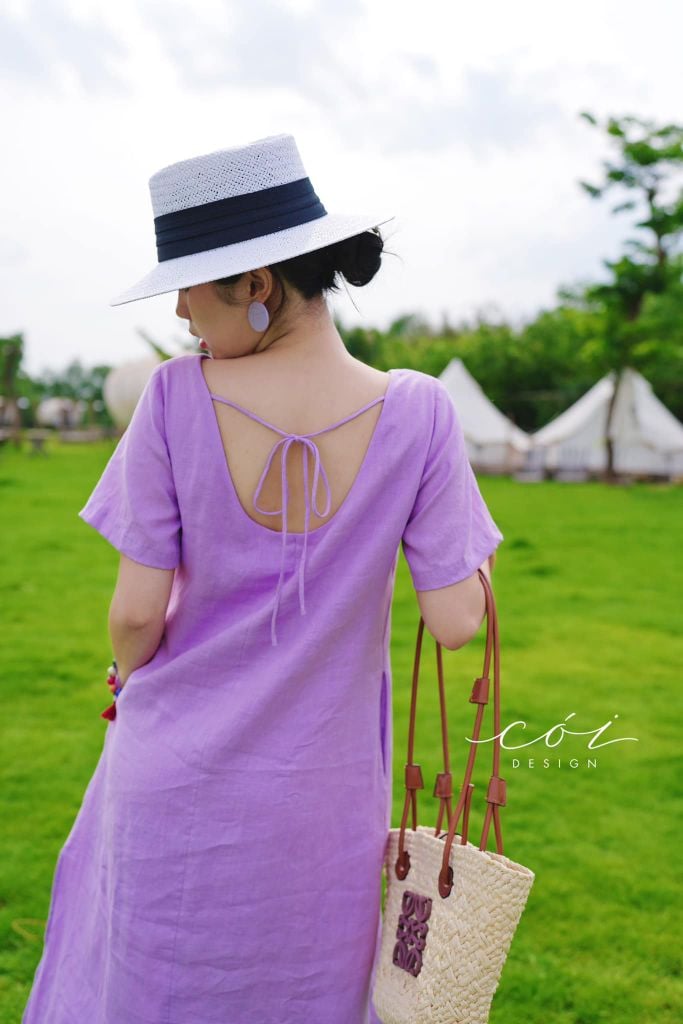 Đầm suông cổ tròn đan dây lưng Linen tưng premium Cói Design
