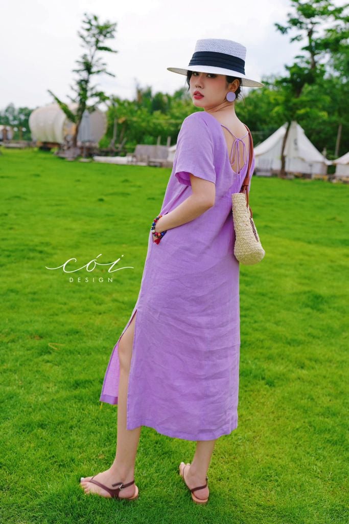 Đầm suông cổ tròn đan dây lưng Linen tưng premium Cói Design