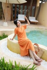 Đầm suông cổ tròn đan dây lưng Linen tưng premium Cói Design
