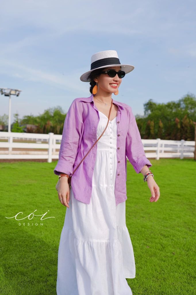 Đầm 2 dây cổ tim nút bọc Linen tưng premium Cói Design
