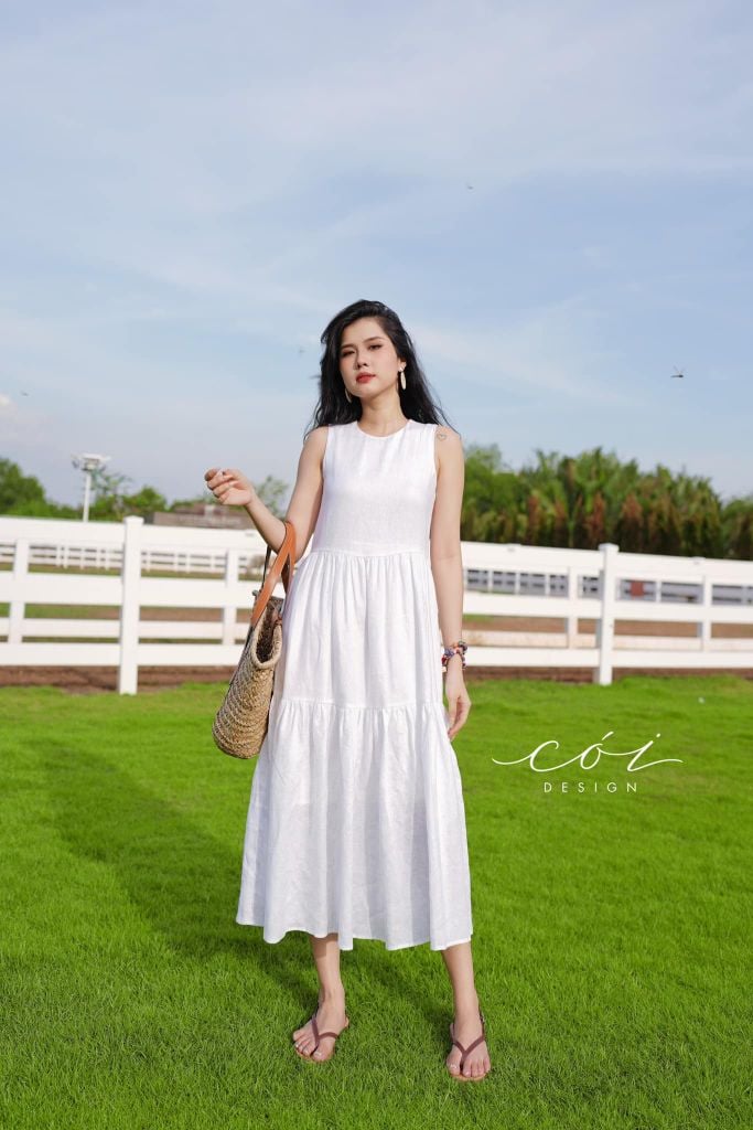 Đầm sát nách trơn tầng Linen tưng premium Cói Design
