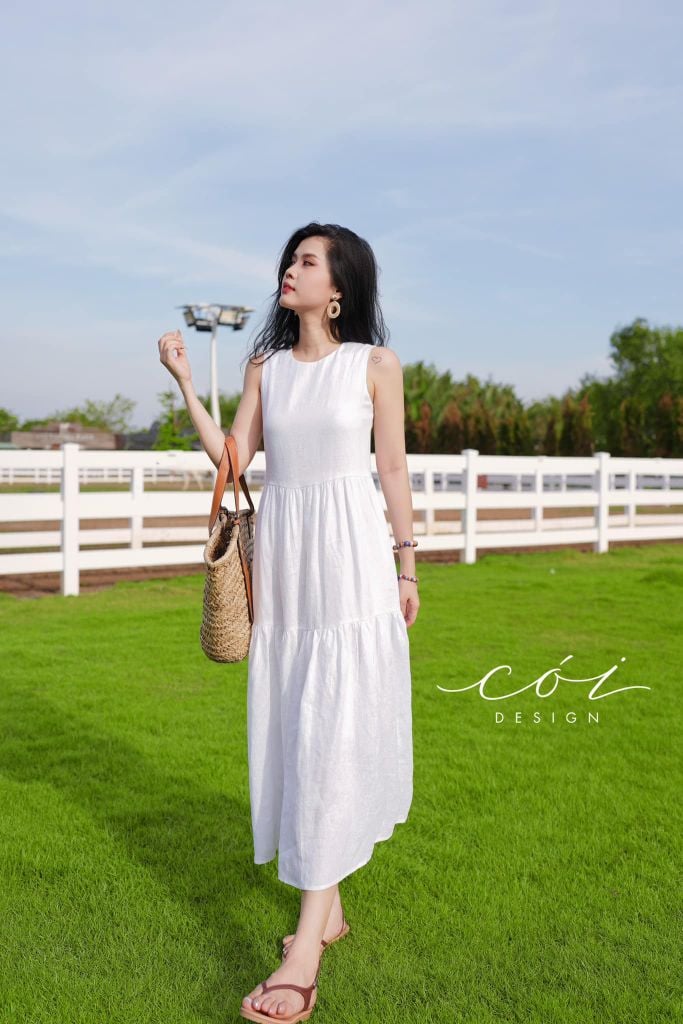 Đầm sát nách trơn tầng Linen tưng premium Cói Design