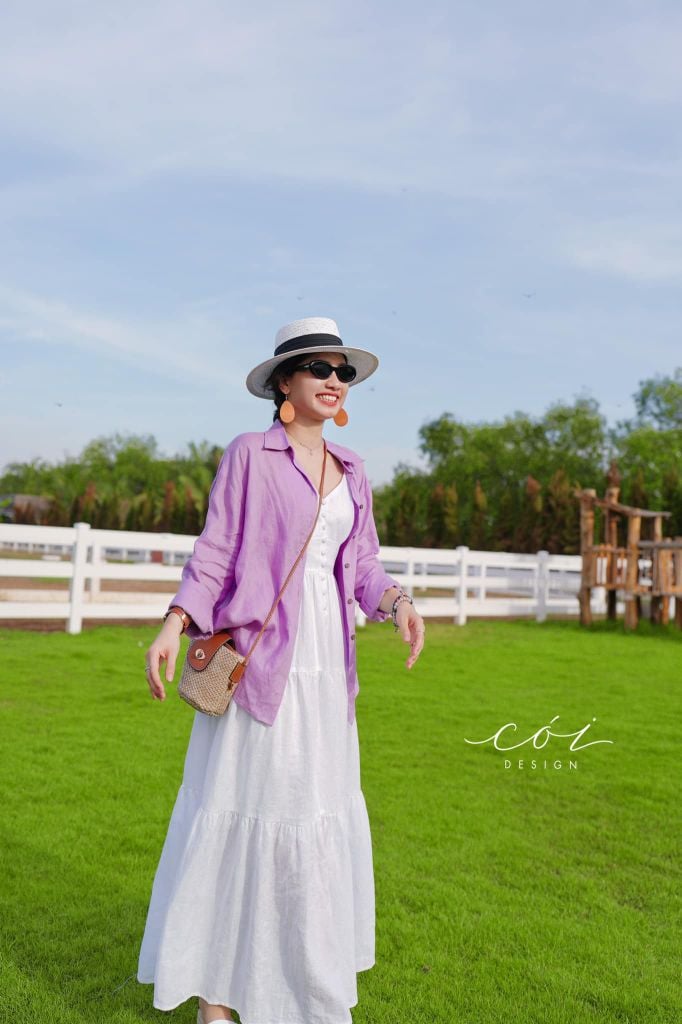 Đầm 2 dây cổ tim nút bọc Linen tưng premium Cói Design