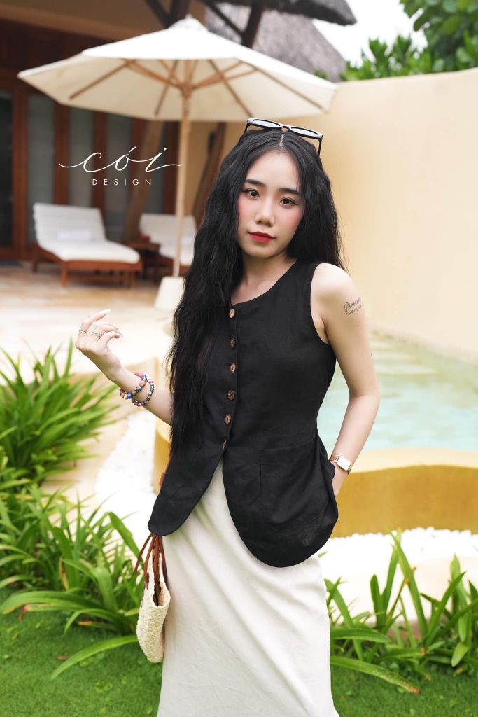 Áo gile vạt tròn 2 túi linen tưng premium Cói Design