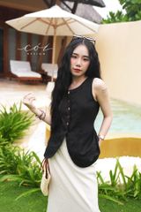 Áo gile vạt tròn 2 túi linen tưng premium Cói Design