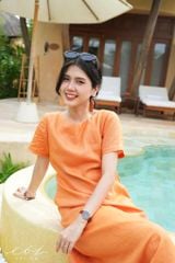 Đầm suông cổ tròn đan dây lưng Linen tưng premium Cói Design