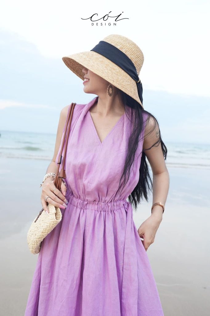 Đầm sát nách xếp nhún Linen tưng premium Cói Design