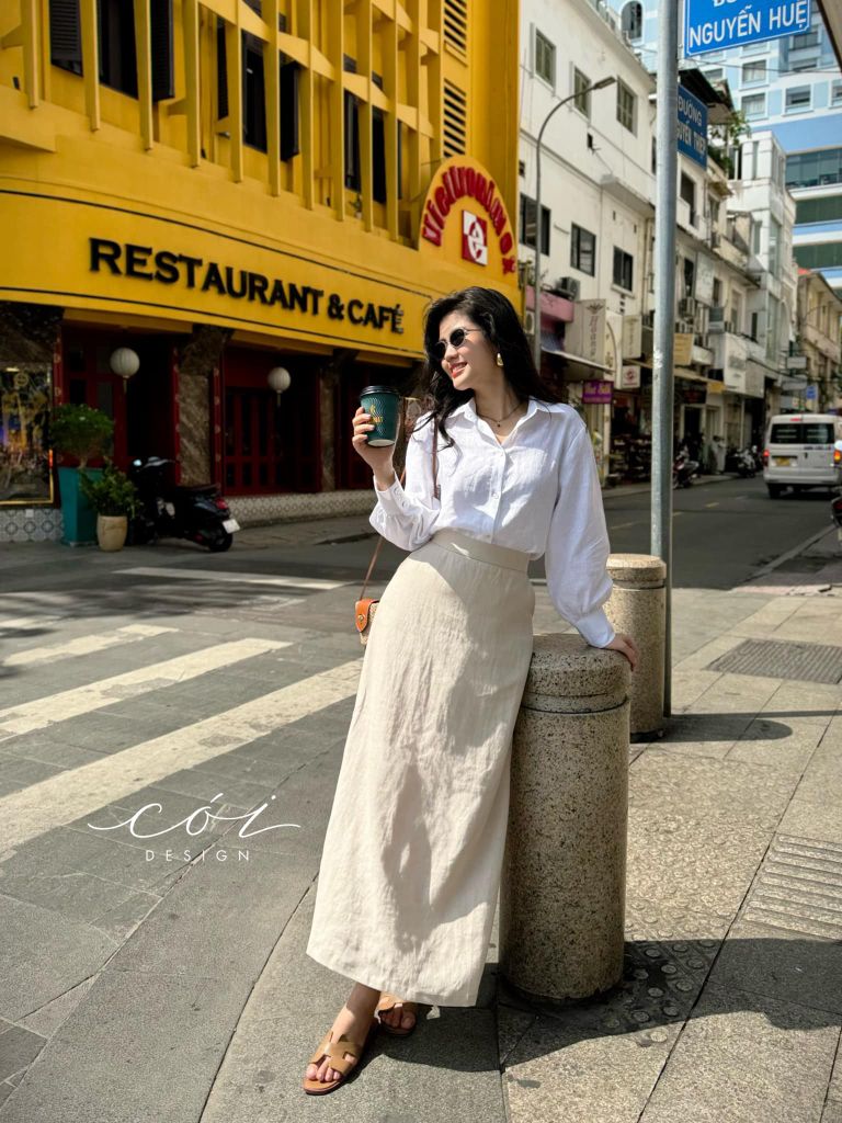 Chân váy suông xẻ tà linen tưng premium Cói Design