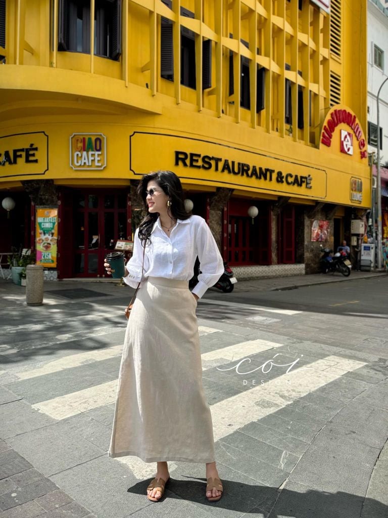 Chân váy suông xẻ tà linen tưng premium Cói Design