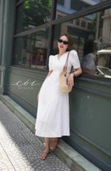 Đầm cổ tim nút bọc Linen tưng premium Cói Design