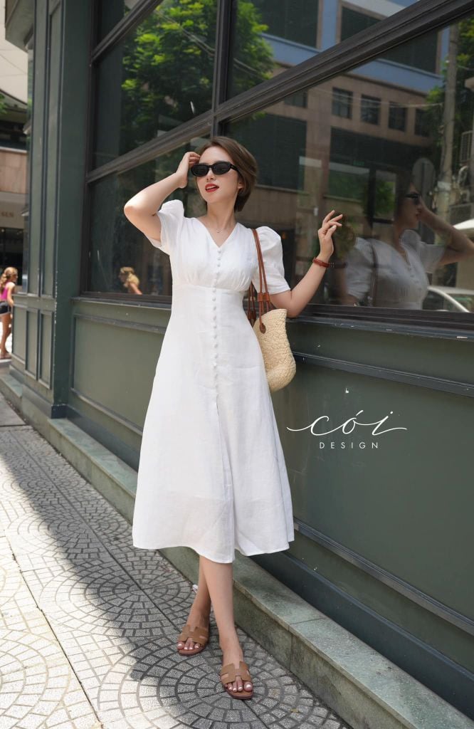 Đầm cổ tim nút bọc Linen tưng premium Cói Design