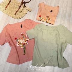 Áo cổ tròn thêu bó hoa Linen tưng premium Cói Design