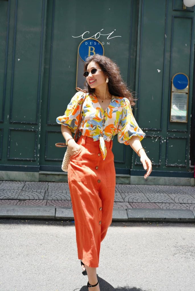 Áo croptop tay bí phối dây linen Cói Design