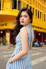 Đầm sọc cổ sơ mi Linen hàn Cói Design