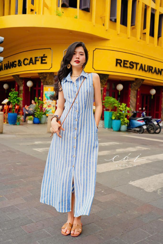 Đầm sọc cổ sơ mi Linen hàn Cói Design