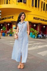 Đầm sọc cổ sơ mi Linen hàn Cói Design