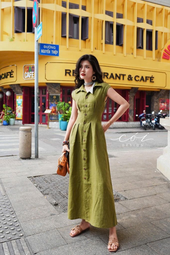 Đầm sơ mi xếp ly eo linen tưng premium Cói Design
