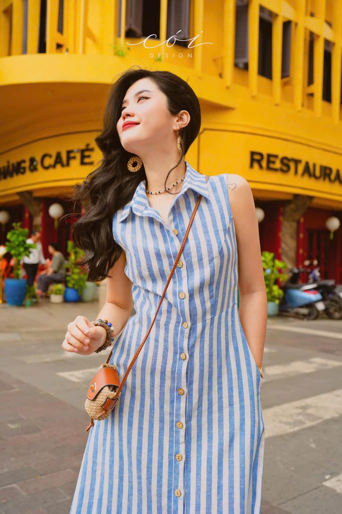 Đầm sọc cổ sơ mi linen hàn Cói Design