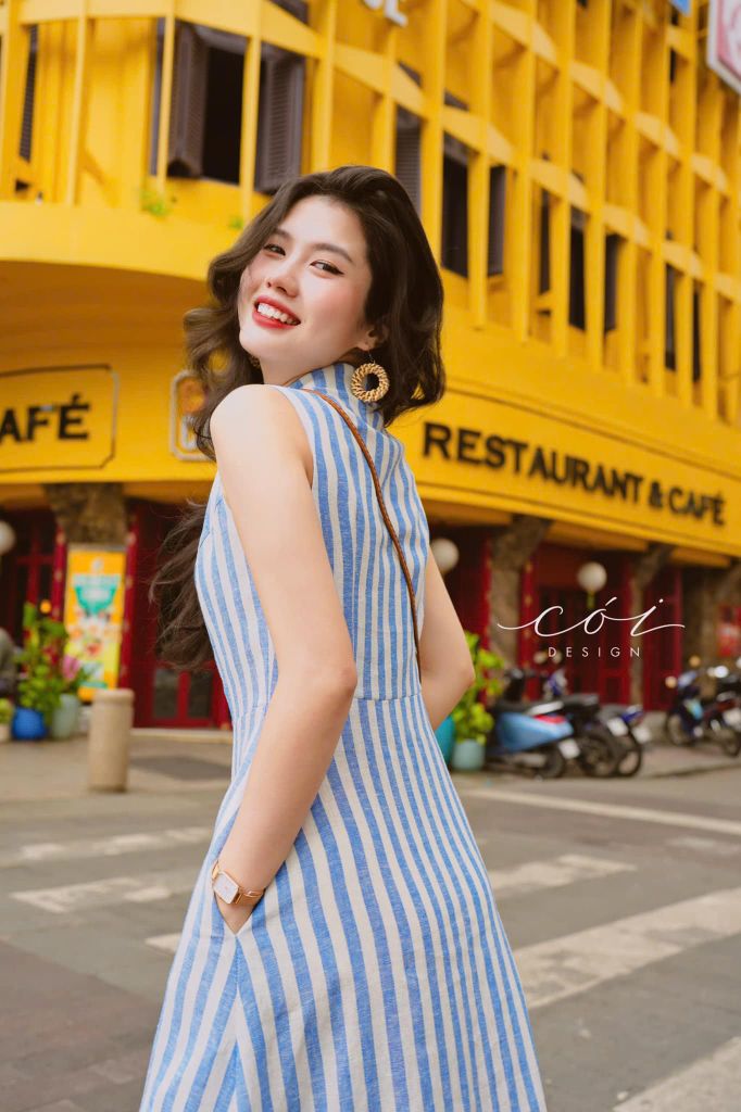 Đầm sọc cổ sơ mi Linen hàn Cói Design