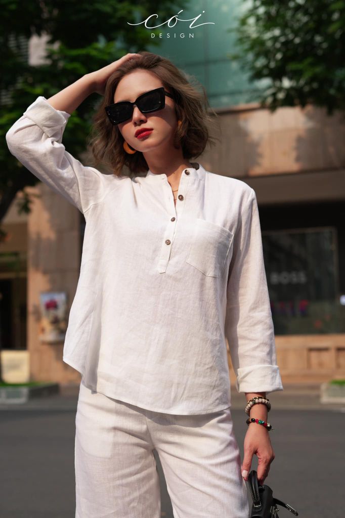 Áo cổ trụ lệch vạt tay dài Linen tưng premium Cói Design