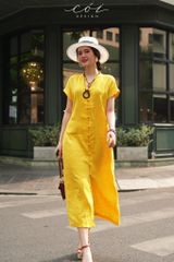 Đầm cổ trụ nút bọc Linen tưng premium Cói Design