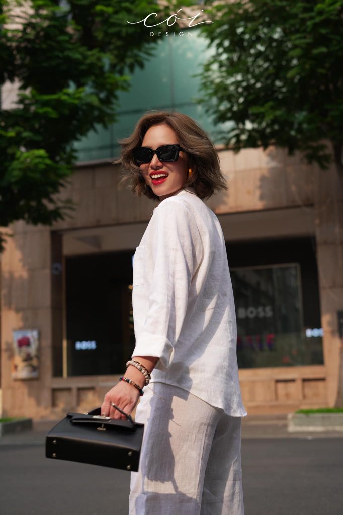 Áo cổ trụ lệch vạt tay dài Linen tưng premium Cói Design