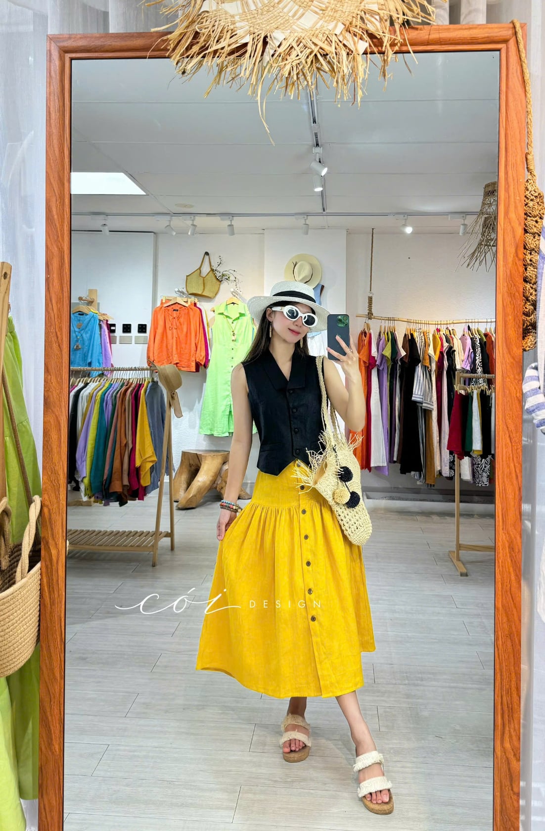 Chân váy nút dừa lưng thun linen tưng premium Cói Design