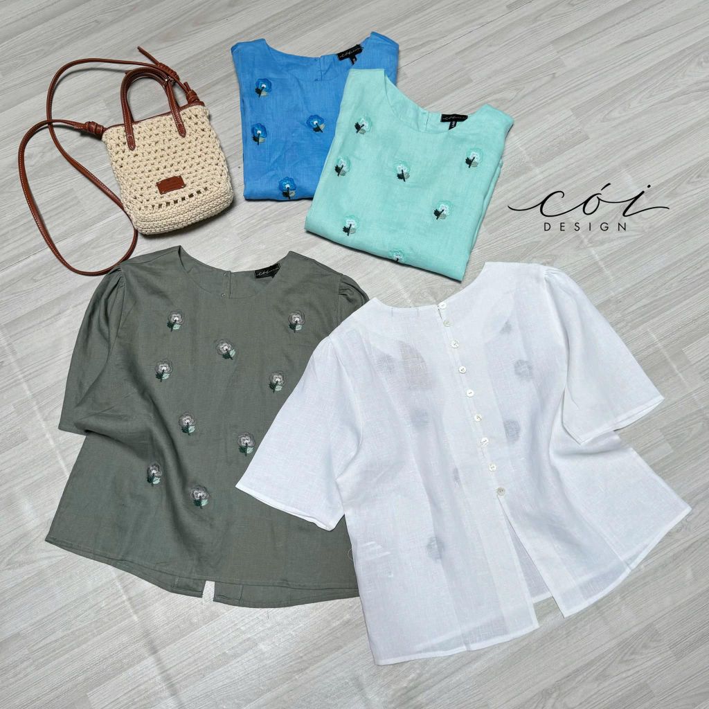 Áo cổ tròn nút lưng thêu hoa linen tưng premium Cói Design
