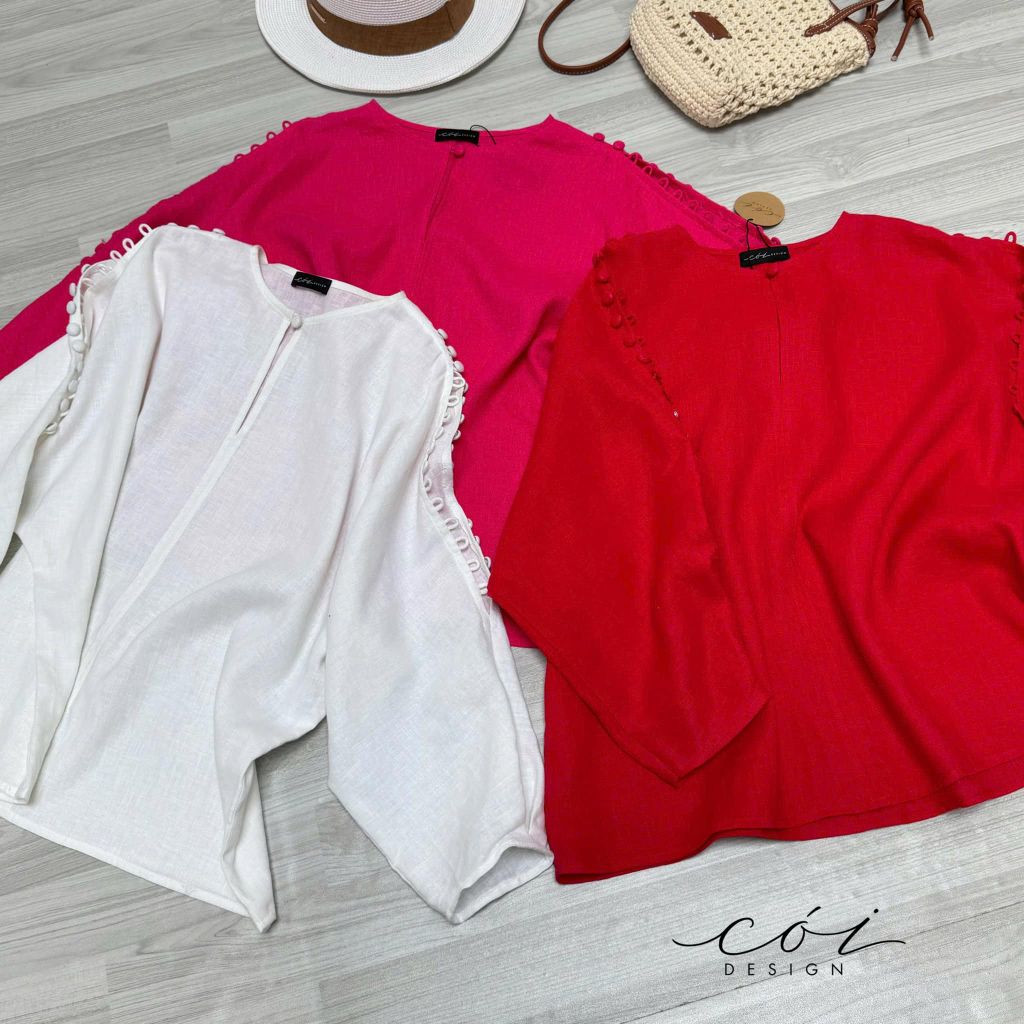 Áo nút bọc xẻ vai linen tưng premium Cói Design