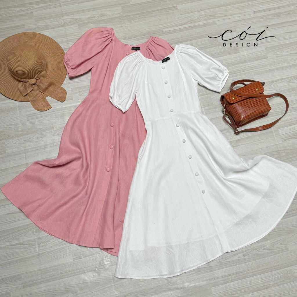 Đầm linen nút bọc tay phồng Cói Design