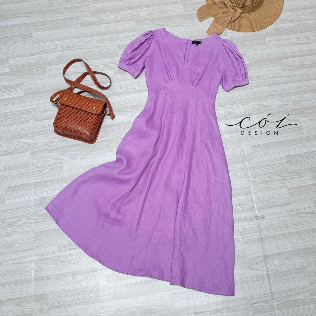 Đầm cổ tim linen Cói Design