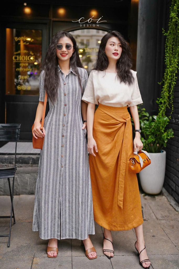 Chân váy xếp ly phối dây linen tưng premium Cói Design