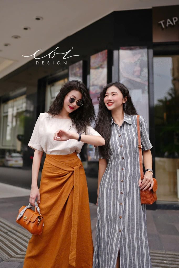 Chân váy xếp ly phối dây linen tưng premium Cói Design
