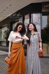Chân váy xếp ly phối dây linen tưng premium Cói Design